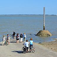 Toeristen wacht op laag tij voor de oversteek van Île de Noirmoutier naar Beauvoir-sur-Mer via de passage du Gois / Gôa, La Vendée, Pays de la Loire, Frankrijk